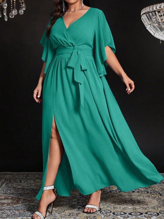 Dresses & Skirts -
Plus Solid V neck Flounce Sleeve Belted Split Thigh Party Evening Dress